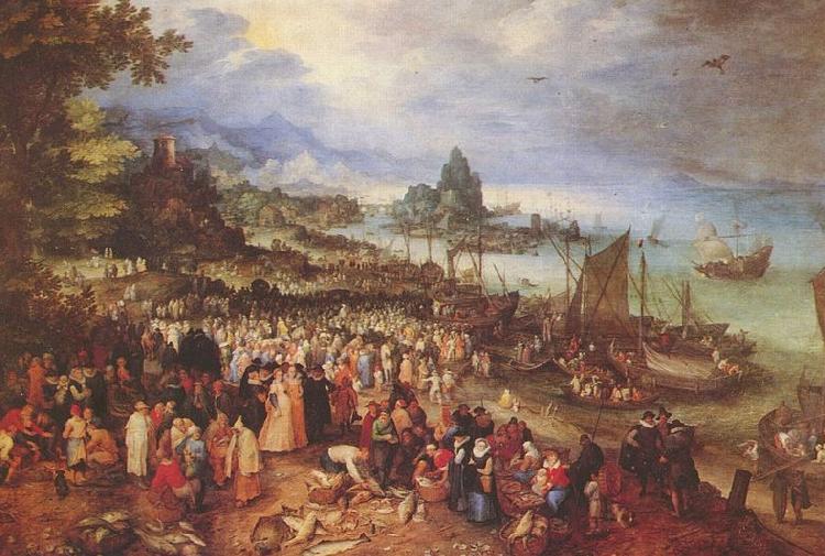 Jan Brueghel Sea port with the lecture of Christ